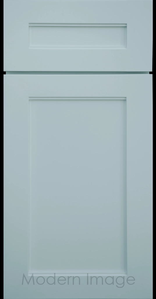 Destin shaker cabinet in Niebla Azul featuring ledge detail and vertical joints around a recessed center panel.